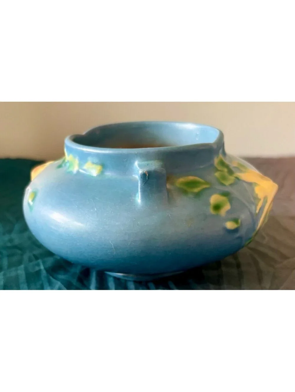 Vintage Roseville White Rose 653-3 Blue Art Pottery Planter Jardiniere 1940